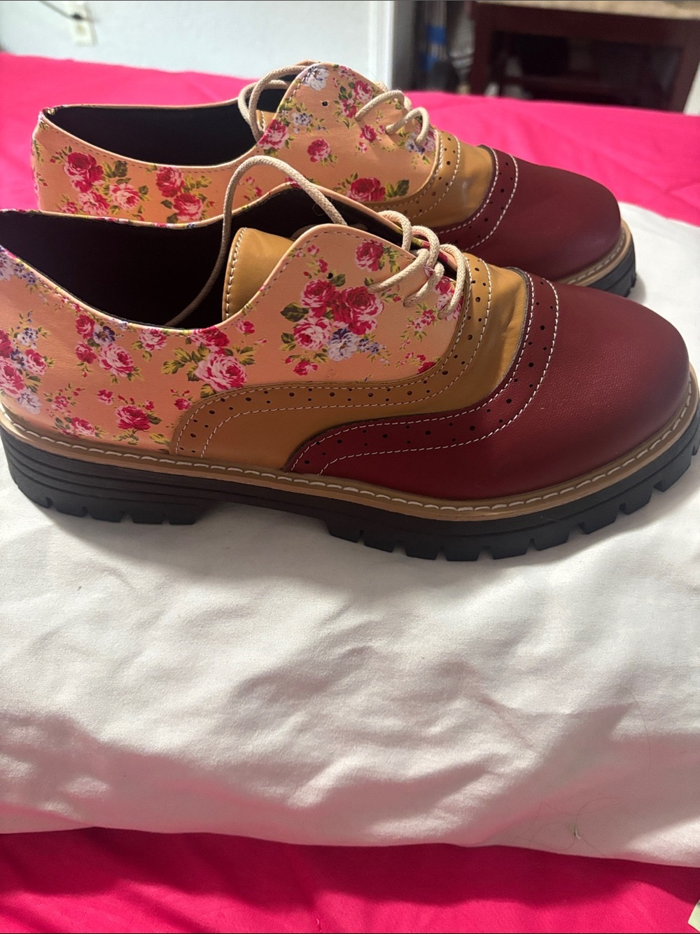 Floral Accent Two-Tone Oxford Flats - Burgundy & Tan - Picture 5 of 7